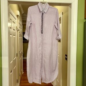 Chico's Jeweled Linen Blend Purple White Stripe Long Tunic Top Size 1 or 8/10